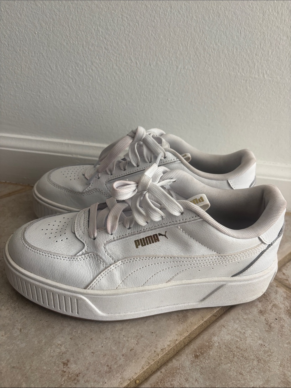 Puma White Platform Lace-Up Sneakers with Gold Logo